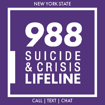 New York State 988 Suicide & Crisis Lifeline logo - Call or Text 988 or chat online: 988lifeline.org/chat/